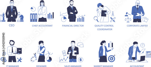 Set of positions, employees of the company company. Businessmen and entrepreneurs. Vector characters of office workers.