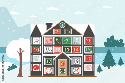 Advent calendar. Winter Christmas house. Christmas gifts. Vector graphics