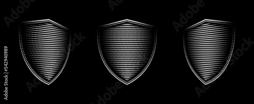 Halftone shield set. Protective shield made of dots. Protect security and safety. Vector illustration.