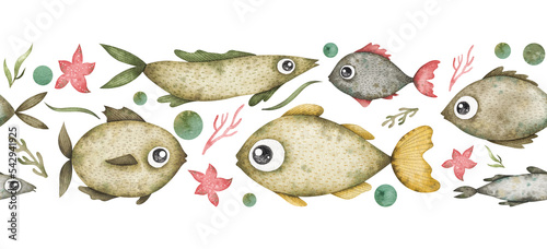 Foto Watercolor seamless border with underwater fish, seaweeds, starfish, bubbles