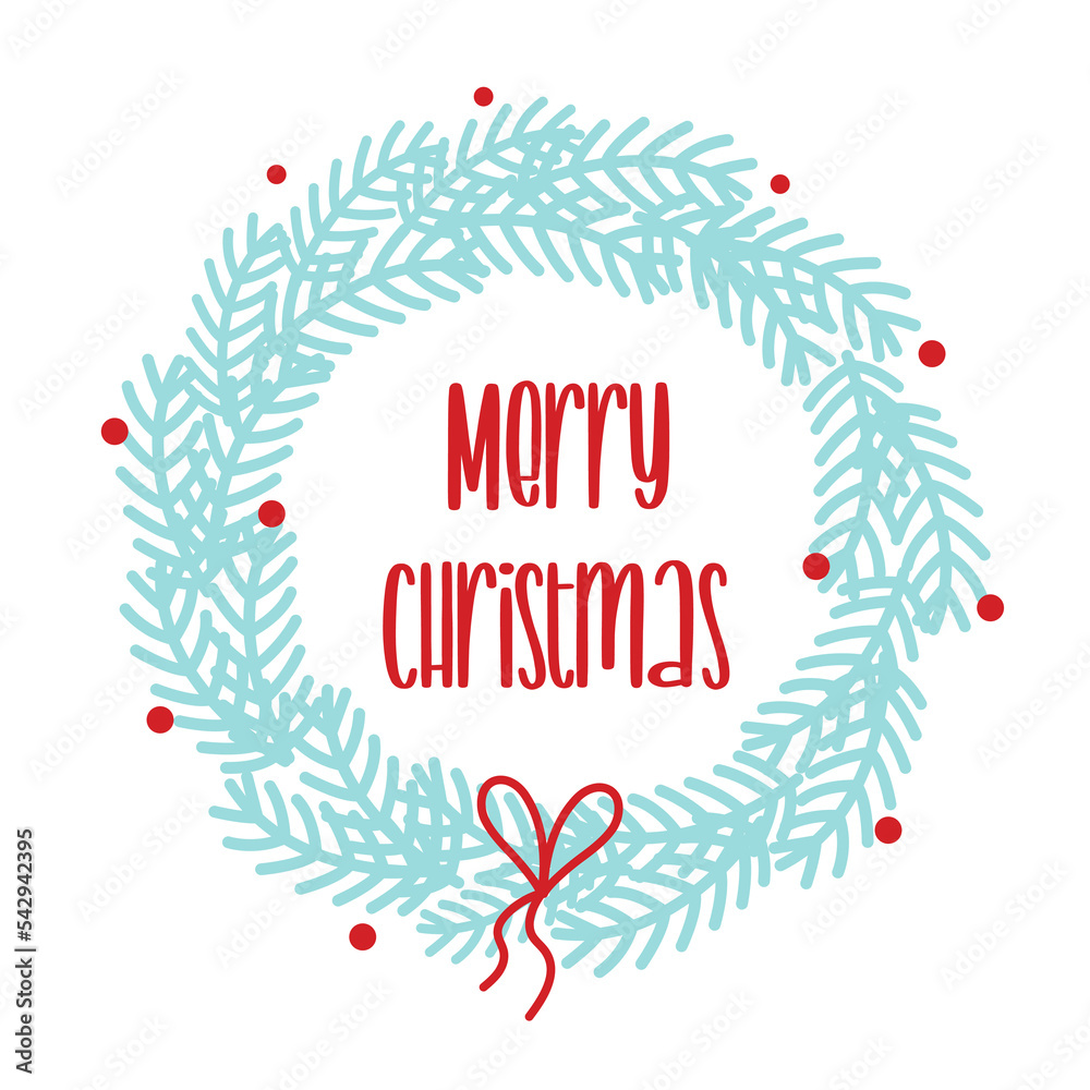 Obraz premium Christmas New Year's wreath of blue Christmas tree branches with red balls flat style and the inscription Merry Christmas on a white background. Vector illustration.