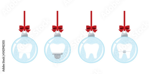 Christmas ball with teeth and falling snow isolated on white background. Hanging on red ribbon with bow crystal snow ball bauble with tooth, implant, braces, crown. Vector flat cartoon illustration..