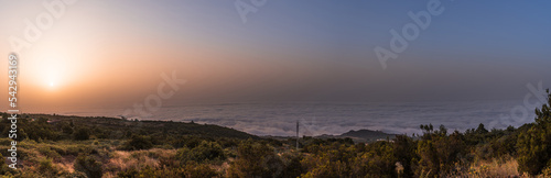 summer panorama of a valley covered with clouds at sunset on tenerife