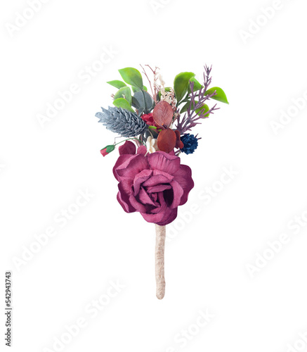 Boutonniere with artificial red rose and dried plants isolated on white background