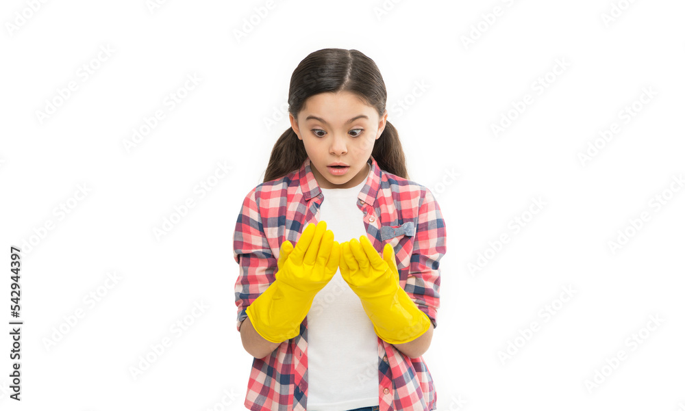 Uncompromising quality and service. Housekeeping duties. Cleaning supplies. Girl rubber gloves for cleaning white background. Teach kid appreciate cleanliness. Cleaning day. Free time is priceless Uncompromising quality and service. Housekeeping duties. Cleaning supplies. Girl rubber gloves for cleaning white background. Teach kid appreciate cleanliness. Cleaning day. Free time is priceless