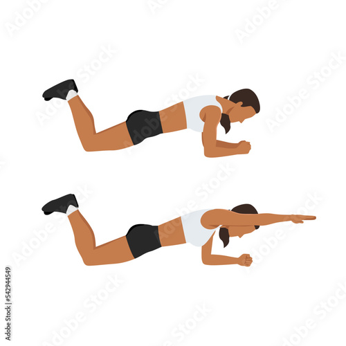 Woman doing Knee plank or reach with swimmer pose exercise. Flat vector illustration isolated on white background