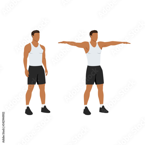 Man doing Double arm side or lateral raises exercise. Raise both arms laterally until horizontal. Flat vector illustration isolated on white background