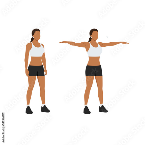 Woman doing Double arm side or lateral raises exercise. Raise both arms laterally until horizontal. Flat vector illustration isolated on white background