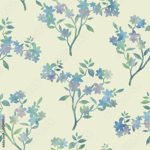 Abstract botanical pattern. Branch with leaves and flowers in a seamless pattern.