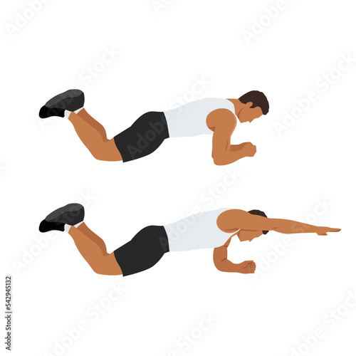 Man doing Knee plank or reach with swimmer pose exercise. Flat vector illustration isolated on white background