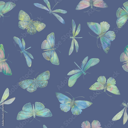 butterflies and dragonflies drawn in watercolor  collected for design in a seamless pattern