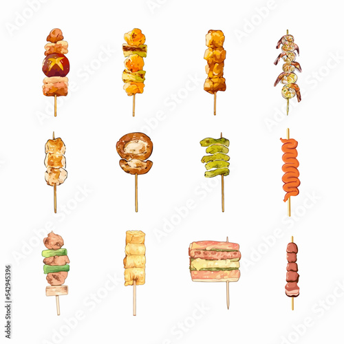 Set of various types of satay  such as shrimp satay, clams, quail eggs, chicken, and intestine satay are special menus for angkringan. Hand drawn watercolor vector illustration