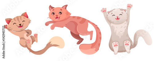 Funny and cute cats in different poses. Playing, flying kitty characters. Animal set collection of different cat breeds for printing, poster or t-shirt design. Vector cartoon illustration