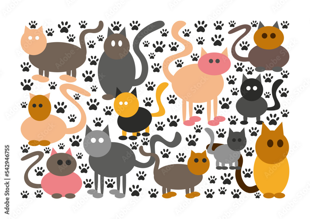 Cute crazy cats. Different shapes and poses. Tracks. Funny and joke cats. Pattern or background. Card or post.