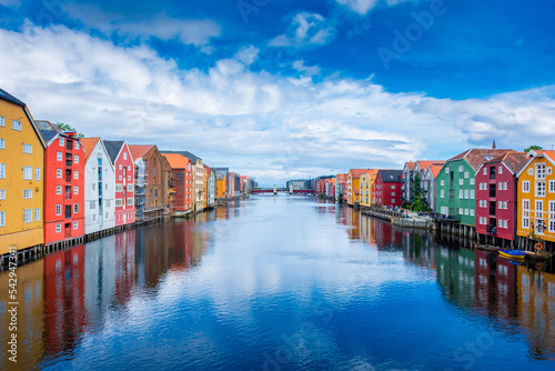 Beautiful view of the colorful wooden buildings of Trondheim Canal,  Norway