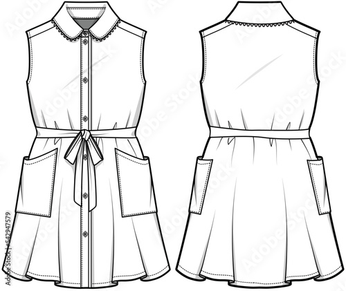 Girls Sleeveless Collared Full Placket Dress with Knot Belt Front and Back View. Fashion Illustration, Vector, CAD, Technical Drawing, Flat Drawing, Template, Mockup.	
