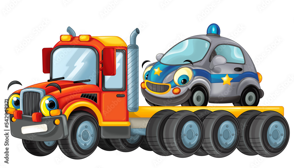 cartoon tow truck driving with load other car isolated cartoon tow truck driving with load other car isolated