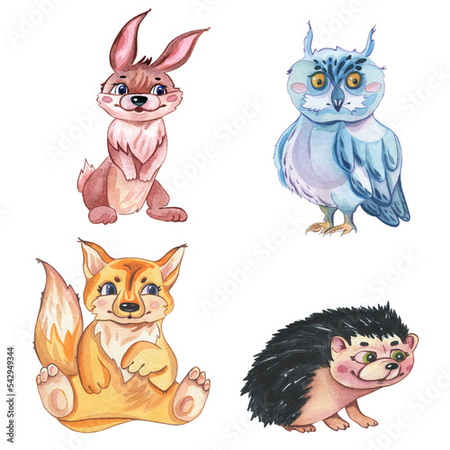 hedgehogs, hare, owl and fox are cute forest animals. Watercolor cartoon isolated on white background. Cute character. Hand drawn illustration. For postcards, children's things, printouts © Elena