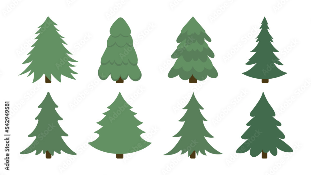 Set of Christmas trees of different simple shapes on white isolated background. New Year's theme. Vector