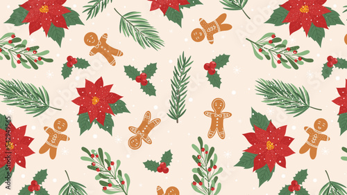 Seamless Christmas horizontal background with tree branches, gingerbread man. Vector for printing, packaging, wrapping paper