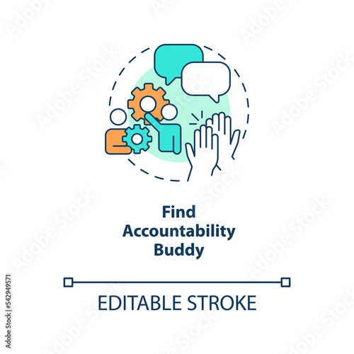 Find accountability buddy concept icon. Virtual coworking. Stay social. Home work tip abstract idea thin line illustration. Isolated outline drawing. Editable stroke. Arial, Myriad Pro-Bold fonts used