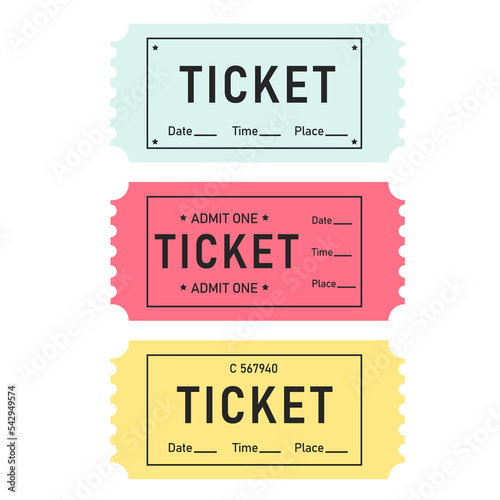 A set of colorful tickets. Ticket templates. Date, time