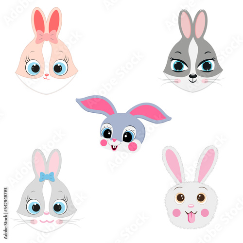 Set of cute rabbit heads isolated on white. Vector illustration.