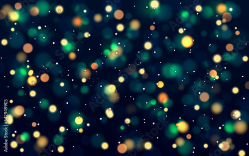 Christmas pine forest foliage vector background. Green garden trees wedding invitation. Bokeh lights art.