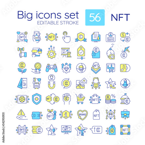 NFT RGB color icons set. Blockchain technology. Collectible virtual artefacts. Isolated vector illustrations. Simple filled line drawings collection. Editable stroke. Quicksand-Light font used