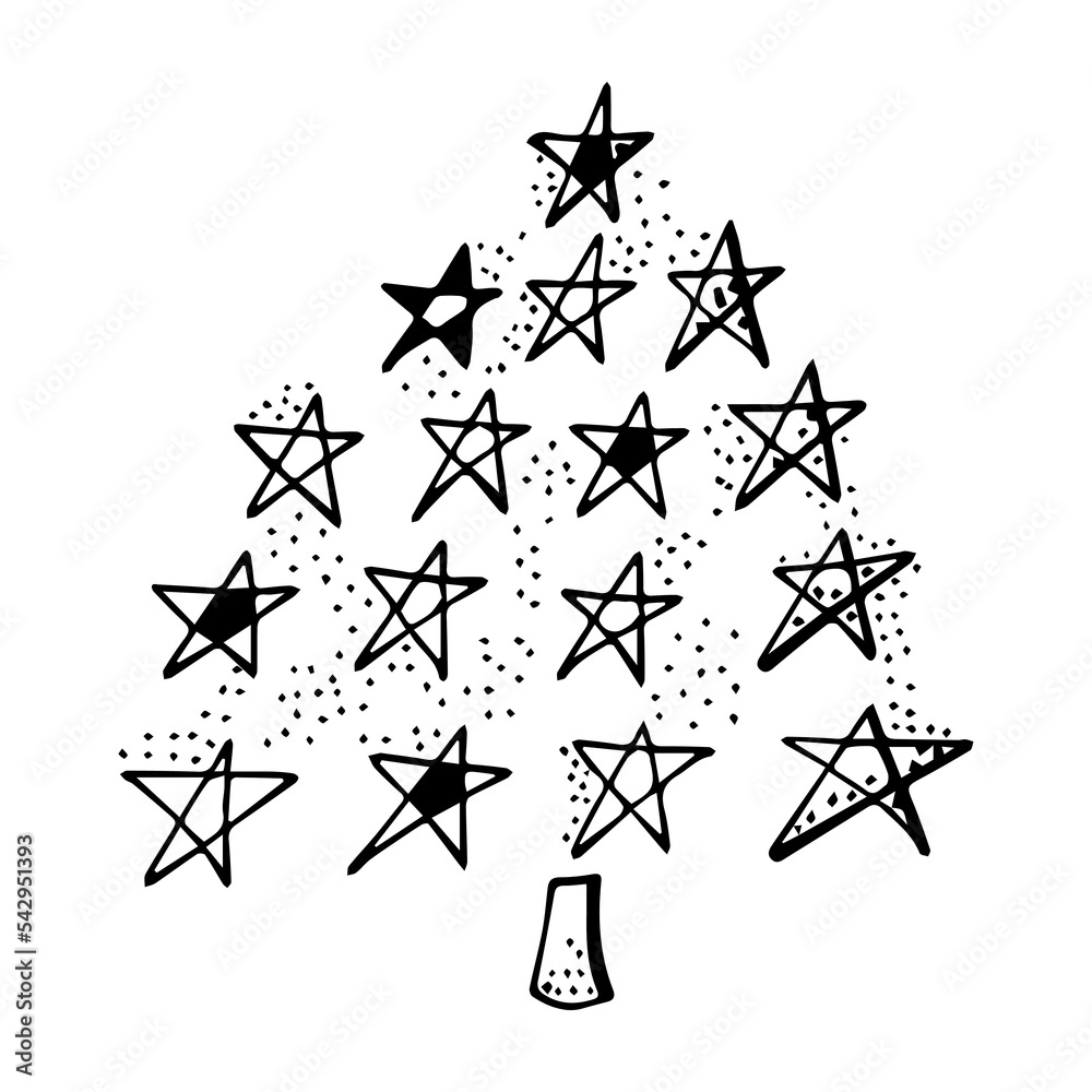 Abstract christmas tree made of stars in doodle style hand drawn. Black ...