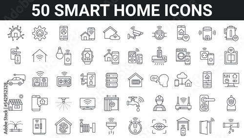 Set of 50 smart home outline icons. Remote control, domestic life, security system, home automation, wireless technology. Editable stroke