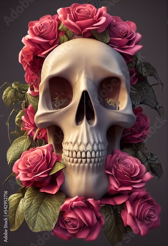 Midjourney abstract render of a human skull and roses