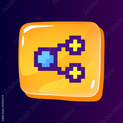 Content sharing glossy ui button with pixelated color icon. Social media. Repost information. Editable 8bit graphic element on shiny glass rectangle shape. Isolated image for arcade, video game design