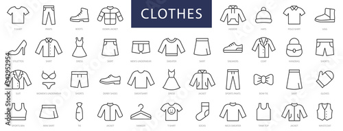 Clothes thin line icons set. Clothes editable stroke icons. Fashion icons. T-shirt, Pants, Jacket, Dress, Short, Shoe, Shirt symbols. Vector