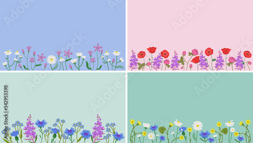 Set of banners with wildflowers. Beautiful design templates in cartoon style.