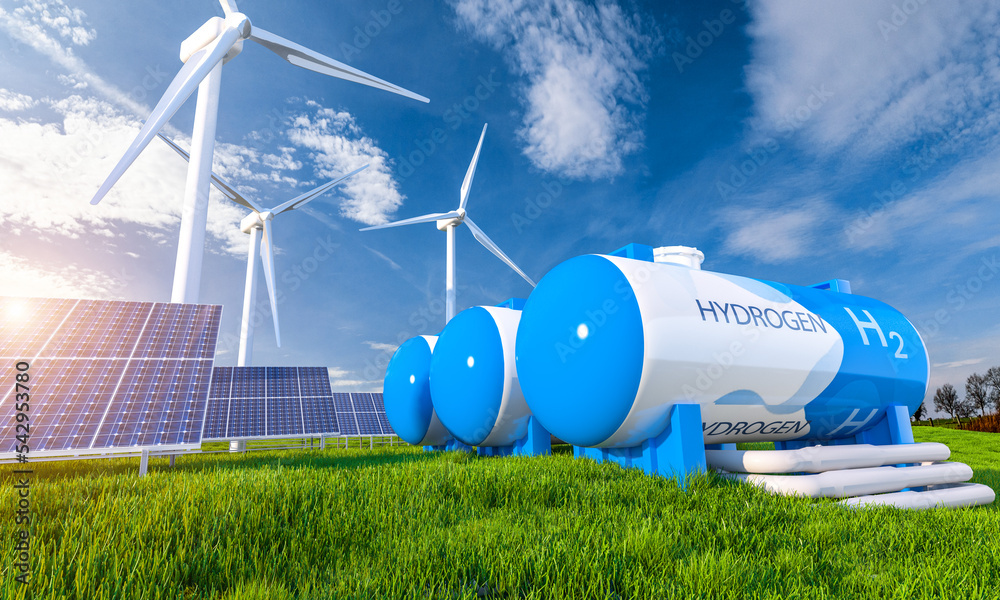 Green Hydrogen renewable energy production pipeline - green hydrogen gas for clean electricity solar and windturbine facility - obrazy, fototapety, plakaty 