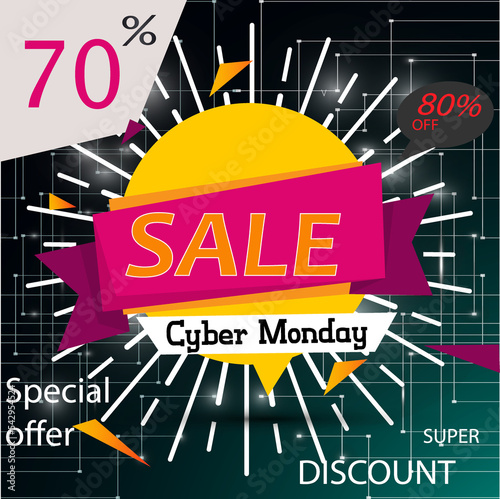 Cyber Monday sale website display with hang tags png promotion. Png of neon lights Cyber Monday sign with digital illuminated wave, particles and lens flare light effect.