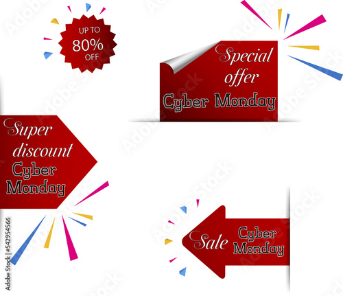 Cyber Monday sale website display with hang tags png promotion. Png of neon lights Cyber Monday sign with digital illuminated wave, particles and lens flare light effect.