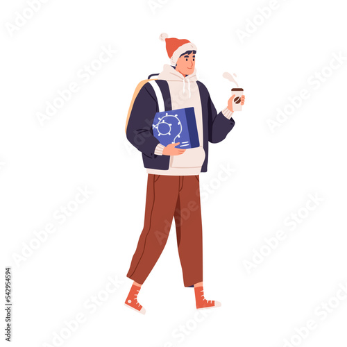 Happy man going outdoors with Christmas gift box and takeaway coffee cup. Modern guy in santa hat walking on winter holidays, carrying hot drink. Flat vector illustration isolated on white background