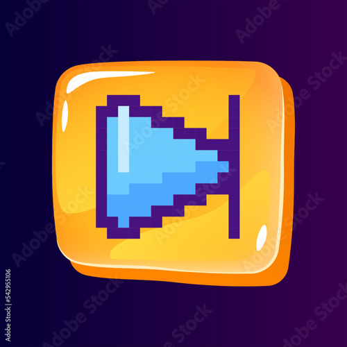 Forward rewind glossy ui button with pixelated color icon. Control key of player. Multimedia. Editable 8bit graphic element on shiny glass rectangle shape. Isolated image for arcade, video game design