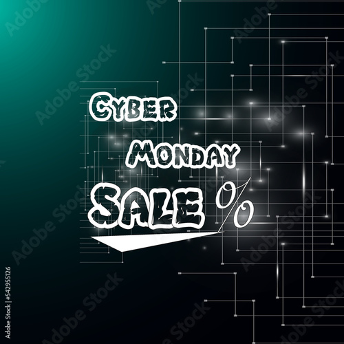 Cyber Monday sale website display with hang tags png promotion. Png of neon lights Cyber Monday sign with digital illuminated wave, particles and lens flare light effect.