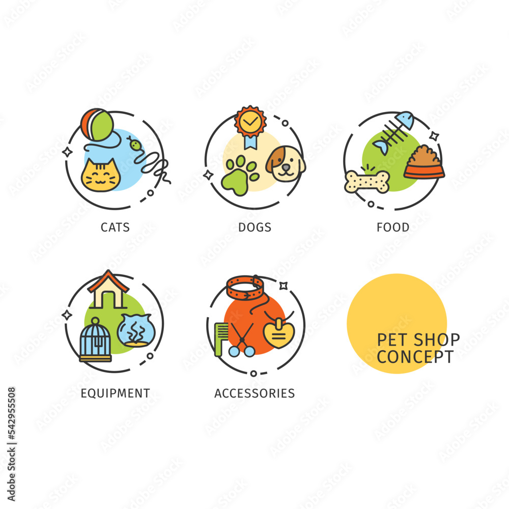 Pet Shop Concept Thin Line Icons Labels Set. Vector