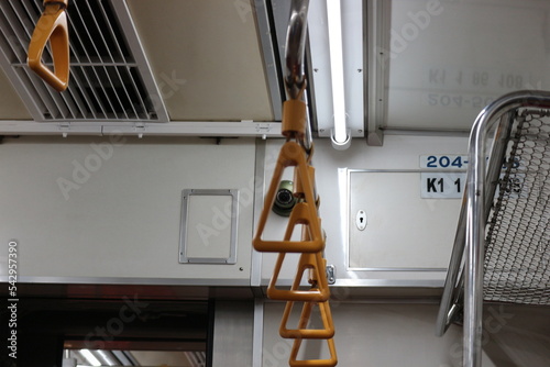 The hand handle or handgrips or handrails of commuter line passengers swaying due to the movement of the train. photo