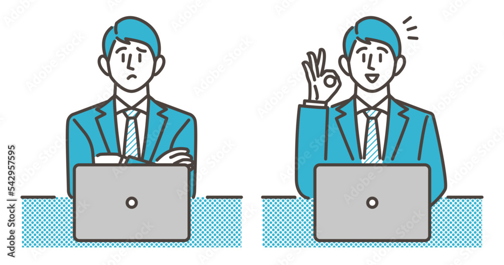 Male businessperson thinking in front of laptop computer and happy to solve his problems [Vector illustration].