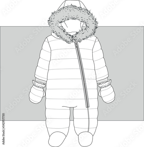 Baby Winter Jumpsuit with Hood vector flat sketch, Snow Suit Romper
