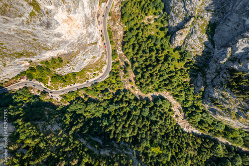 Amazing aerial view with Bicazului Gorges  Cheile Bicazului in Romanian language  landmark in the middle of the mountains. Landscape with trees  forest  curved road and tall rocks. Travel to Romania.