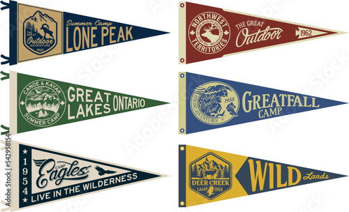 Vintage mountain camping pennant flags vector collection