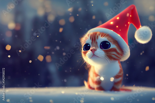Fototapeta Cute ginger cat with Santa Claus hat, cat in winter, cat in snowy landscape, sea