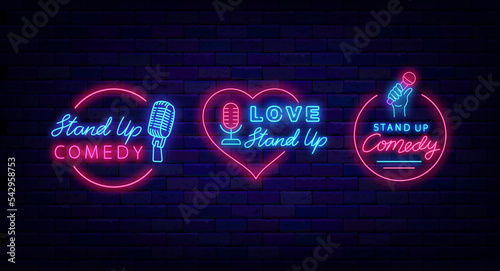 Stand up neon labels collection. Comedy signs set. Glowing signboards pack. Vector stock illustration