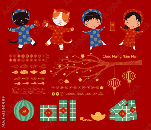 2023 Lunar New Year Tet elements collection, cute cats, kids, red envelope, rice cakes, watermelon, gold, flowers, Vietnamese text Happy New Year. Hand drawn vector illustration. Flat style design.